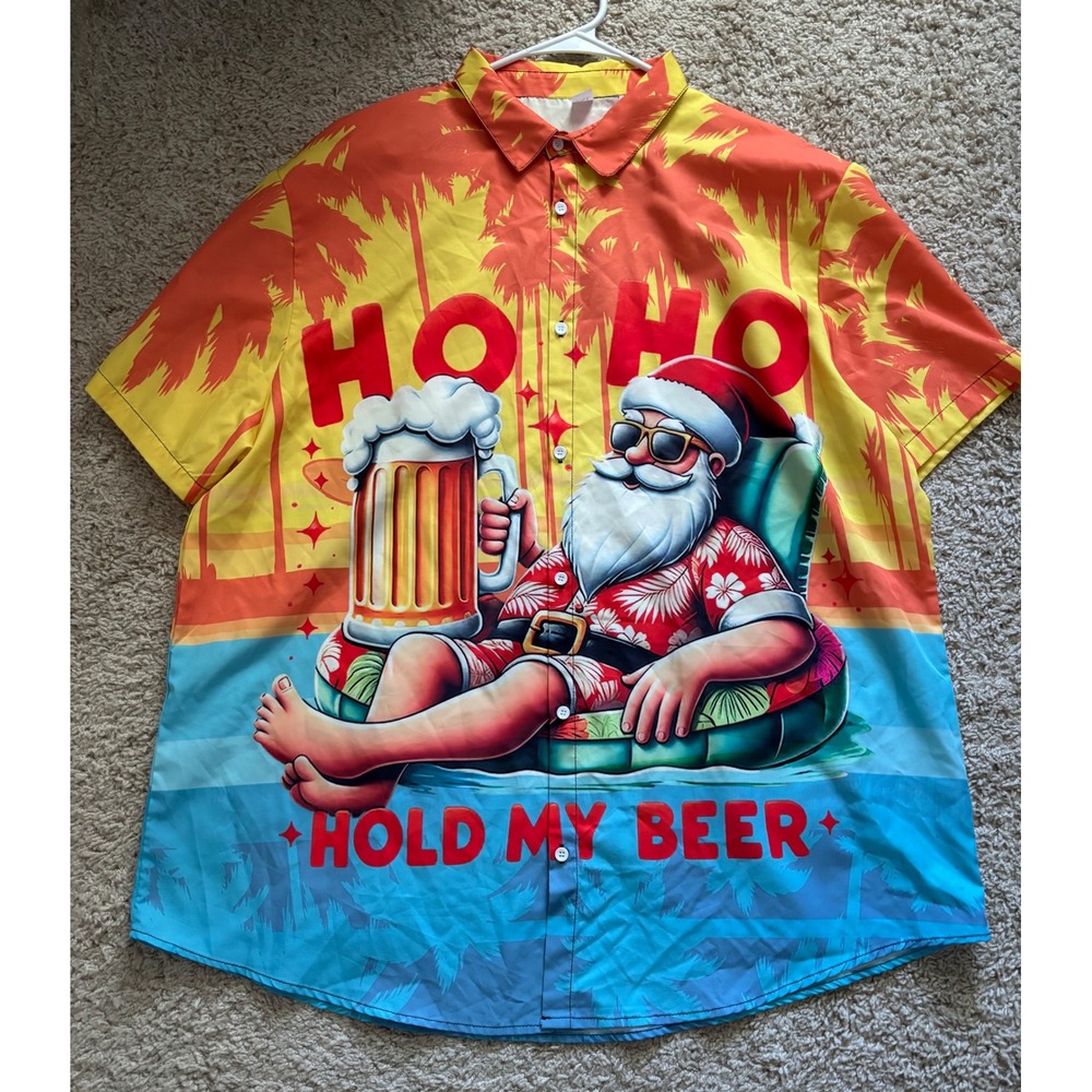Ho Ho Hold My Beer Santa Hawaiian Shirt 2XL Tropical Christmas Button Up Short